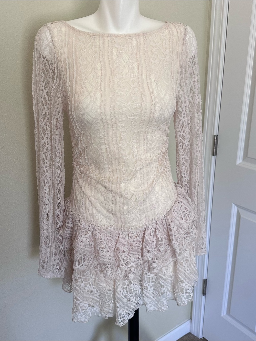 Free People Cream Lace Long-Sleeve Mini Dress